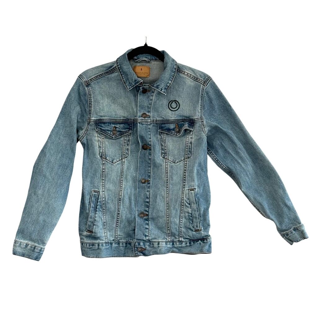 MONAT Revolution Denim Jacket Small Graphic Logo Trucker Jean Jacket Blue